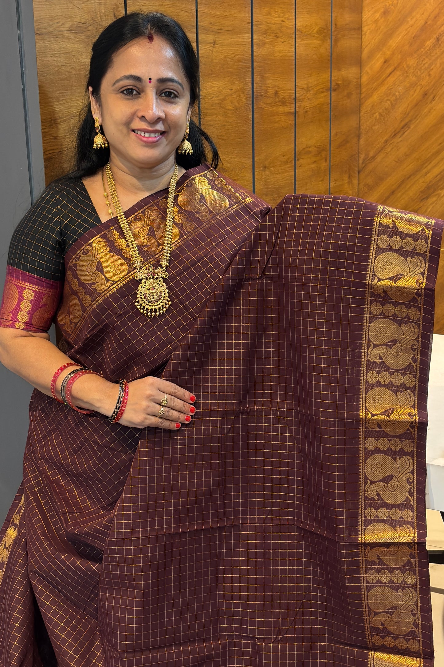 Meenakshi Premium Chettinad Cotton Saree – Zari Checks | Coffee Brown| MCK99