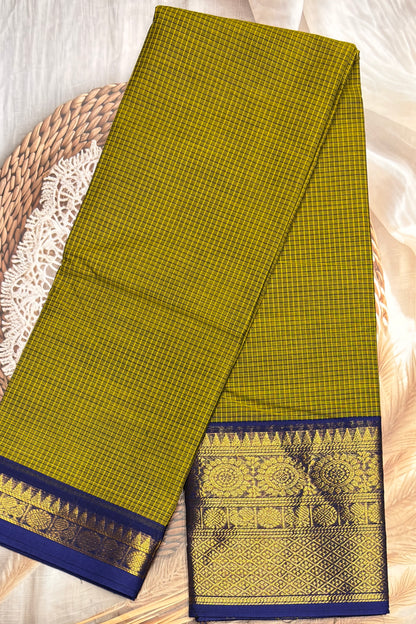Meenakshi -Premium Kanchi Cotton Saree–Lemon Green / Royal Blue| MCK103