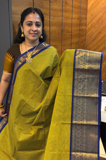 Meenakshi -Premium Kanchi Cotton Saree–Lemon Green / Royal Blue| MCK103
