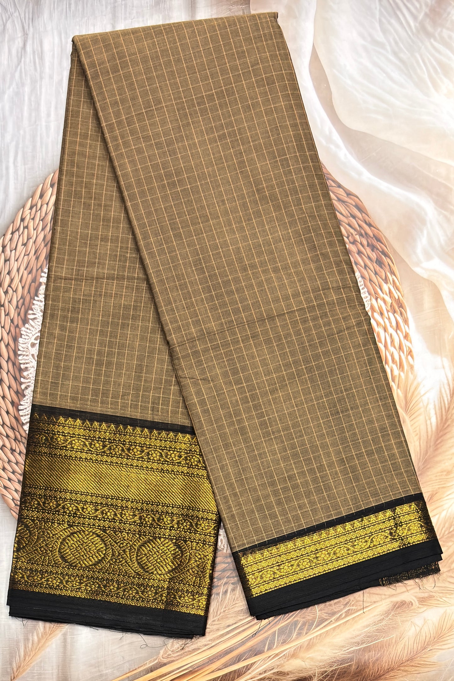 Meenakshi -Premium Kanchi Cotton Saree–Gold Dual Tone with Black | MCK102