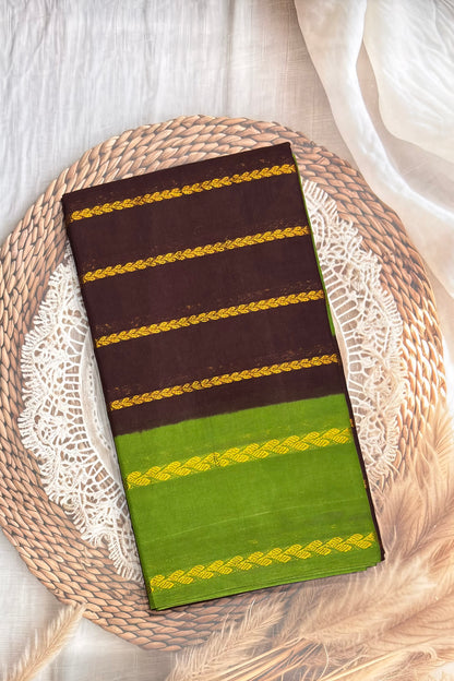 Premium Velthari Sungudi Cotton Saree  | Coffee / Parrot Green | SC14
