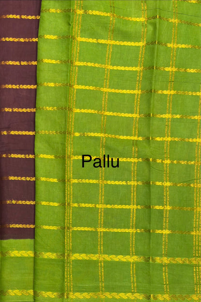 Premium Velthari Sungudi Cotton Saree  | Coffee / Parrot Green | SC14