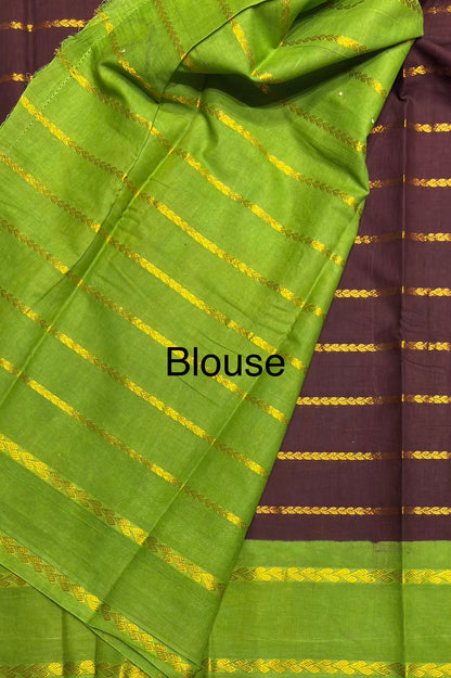 Premium Velthari Sungudi Cotton Saree  | Coffee / Parrot Green | SC14