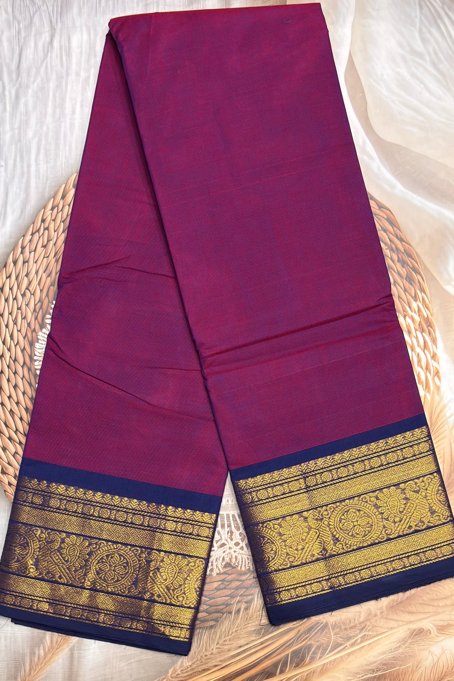 Meenakshi -Premium Kanchi Cotton Saree - Magenta with Navy| MCK110