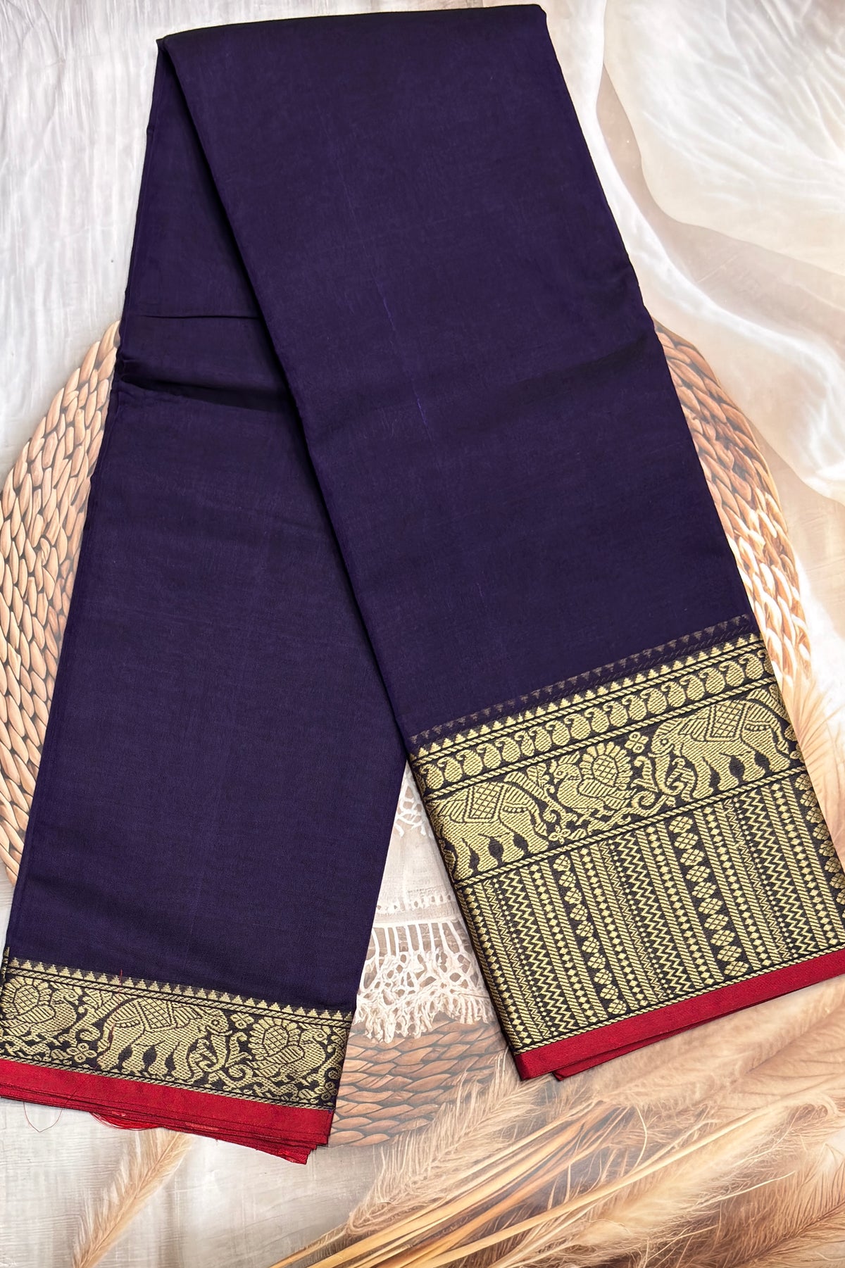 Narayanpet Cotton Saree – Elephant Thread Weave Border with Striped Pallu-MNC11-Violet