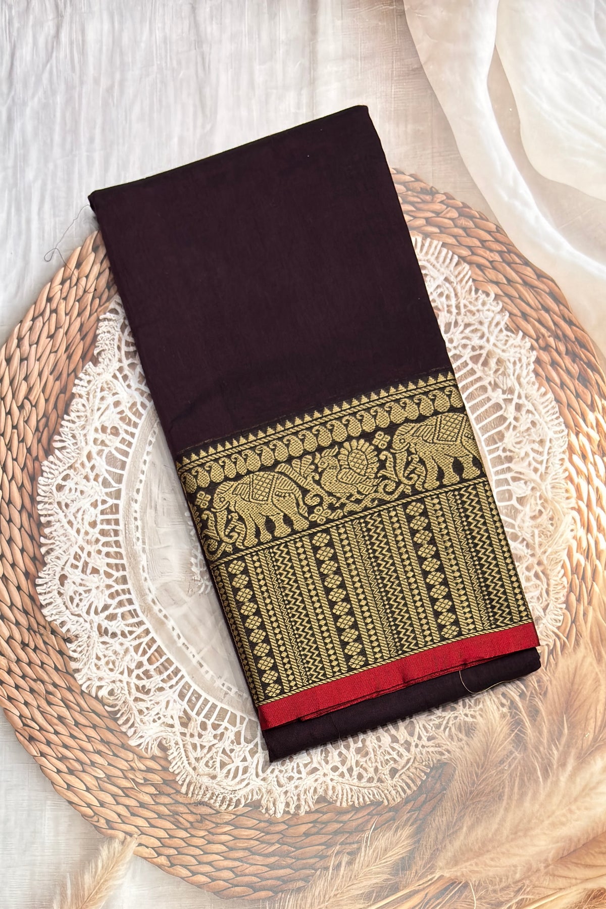 Narayanpet Cotton Saree – Elephant Thread Weave Border with Striped Pallu-MNC10-Dark Purple