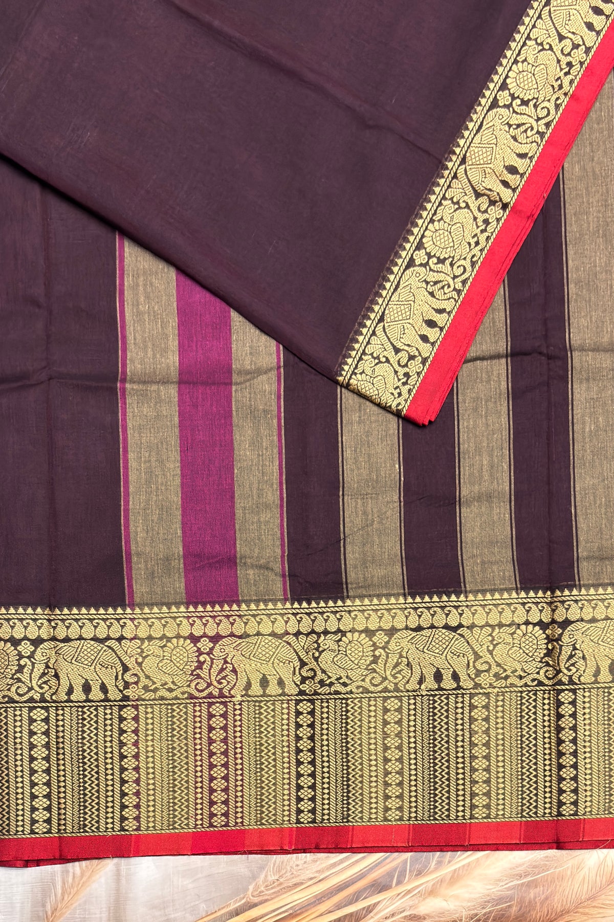 Narayanpet Cotton Saree – Elephant Thread Weave Border with Striped Pallu-MNC10-Dark Purple