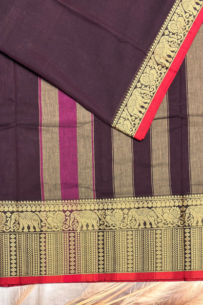 Narayanpet Cotton Saree – Elephant Thread Weave Border with Striped Pallu-MNC10-Dark Purple