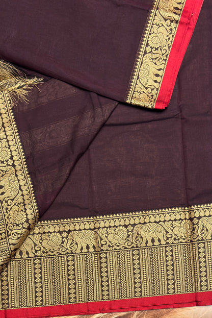 Narayanpet Cotton Saree – Elephant Thread Weave Border with Striped Pallu-MNC10-Dark Purple
