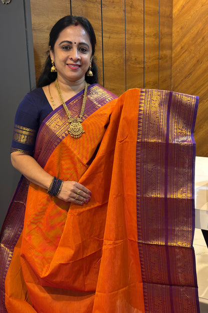 Meenakshi -Premium Kanchi Cotton Saree - Orange With Violet| MCK108