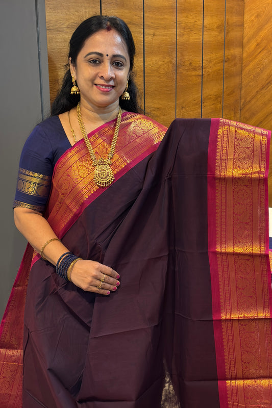 Meenakshi -Premium Kanchi Cotton Saree–Dark Purple With Rose  | MCK107