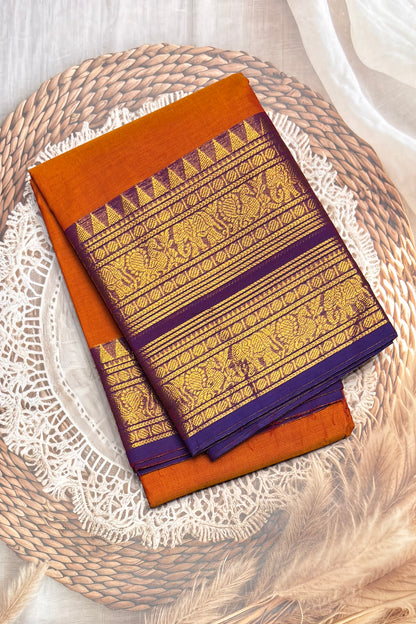 Meenakshi -Premium Kanchi Cotton Saree - Orange With Violet| MCK108