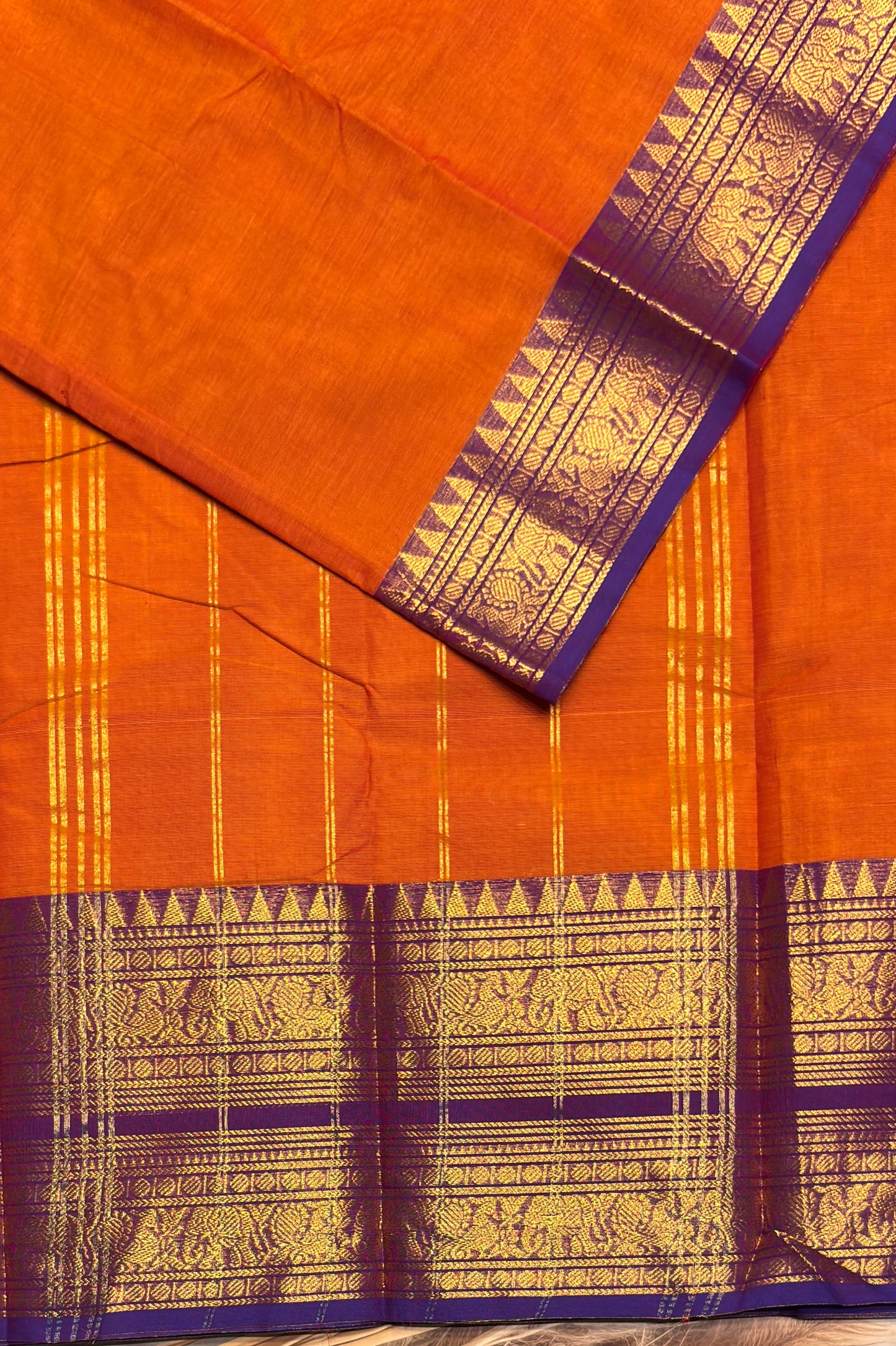 Meenakshi -Premium Kanchi Cotton Saree - Orange With Violet| MCK108