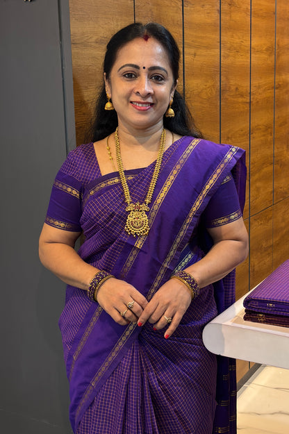 Premium Gadwal Cotton Saree – Vintage  Checks With Rettapet Border  | Violet  | MGC13