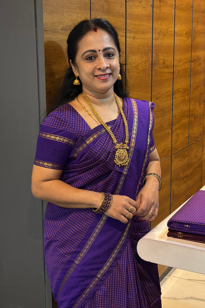 Premium Gadwal Cotton Saree – Vintage  Checks With Rettapet Border  | Violet  | MGC13