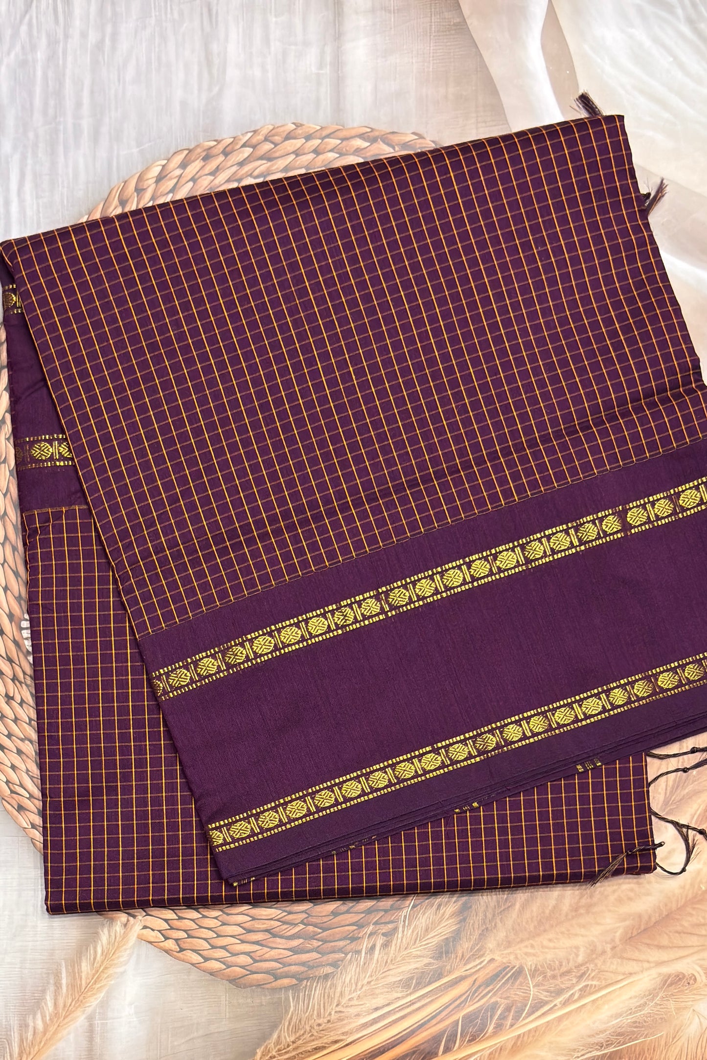 Premium Gadwal Cotton Saree – Vintage  Checks With Rettapet Border  | Dark Purple| MGC21
