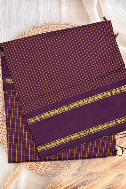 Premium Gadwal Cotton Saree – Vintage  Checks With Rettapet Border  | Dark Purple| MGC21