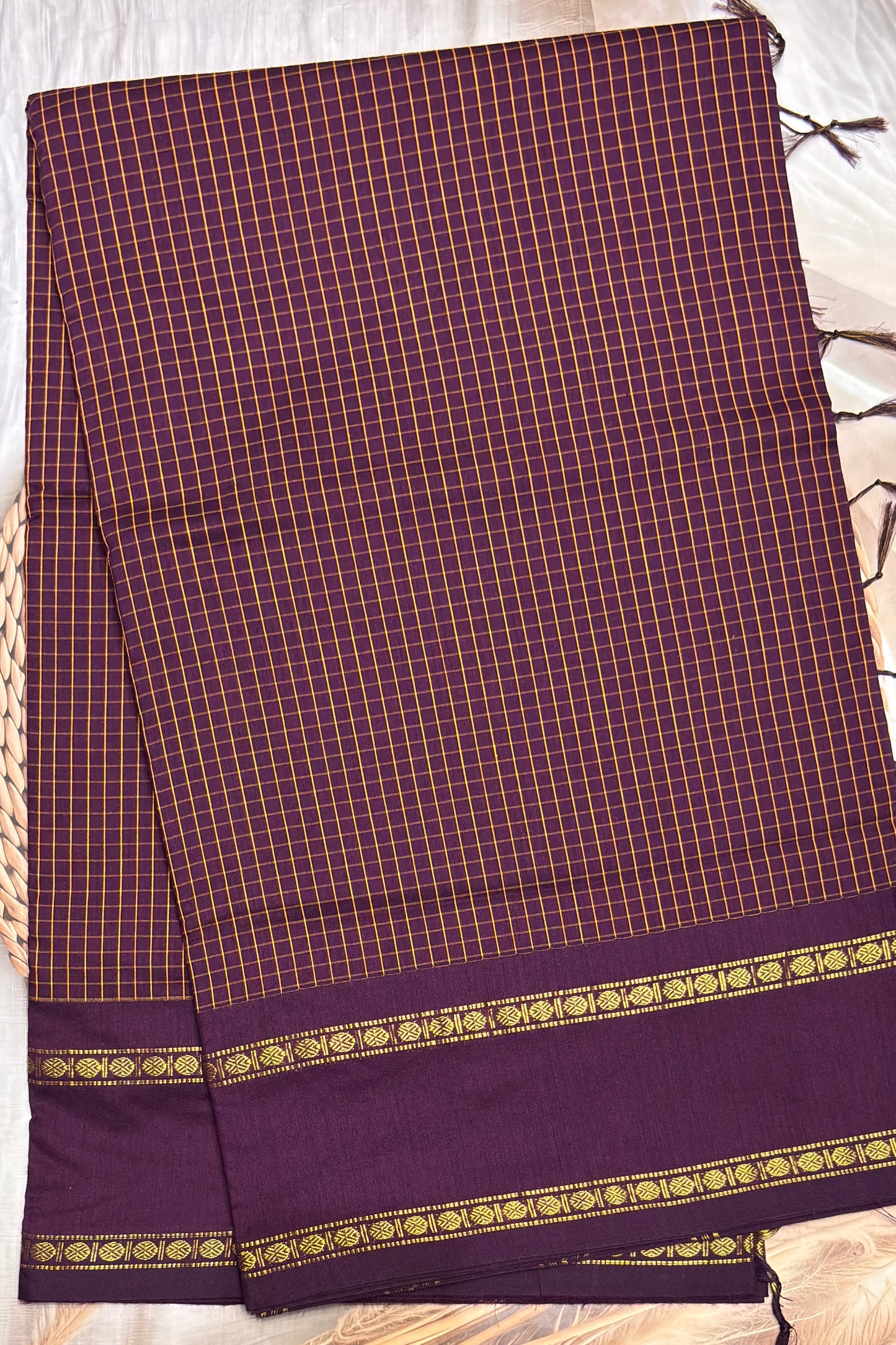 Premium Gadwal Cotton Saree – Vintage  Checks With Rettapet Border  | Dark Purple| MGC21