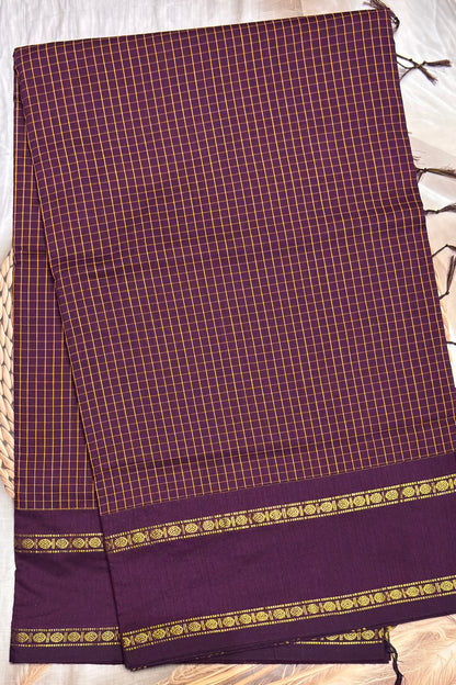 Premium Gadwal Cotton Saree – Vintage  Checks With Rettapet Border  | Dark Purple| MGC21