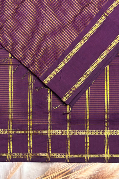 Premium Gadwal Cotton Saree – Vintage  Checks With Rettapet Border  | Dark Purple| MGC21
