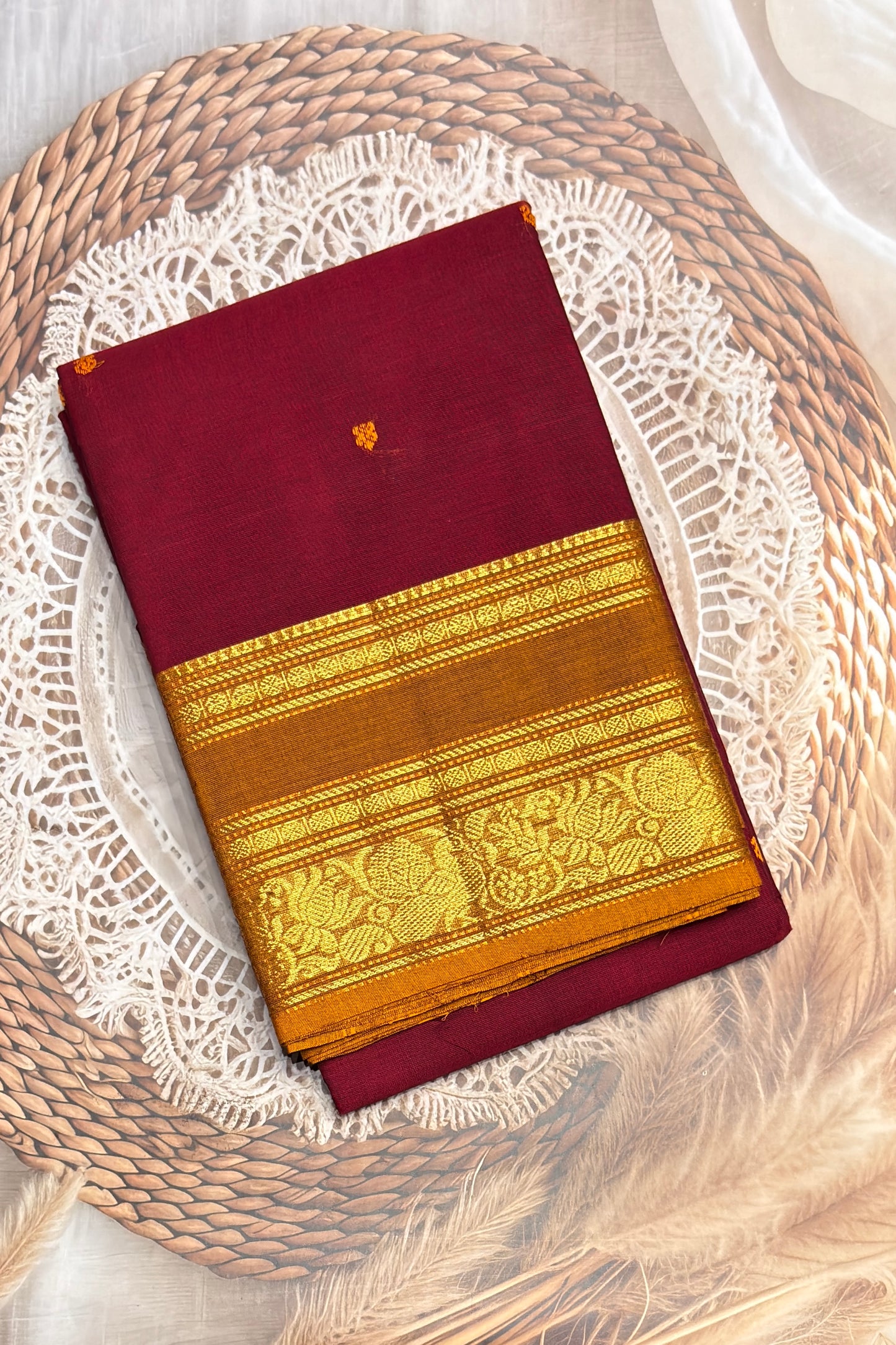 Meenakshi -Premium Kanchi Cotton Saree - Maroon with  Mustard | MCK113
