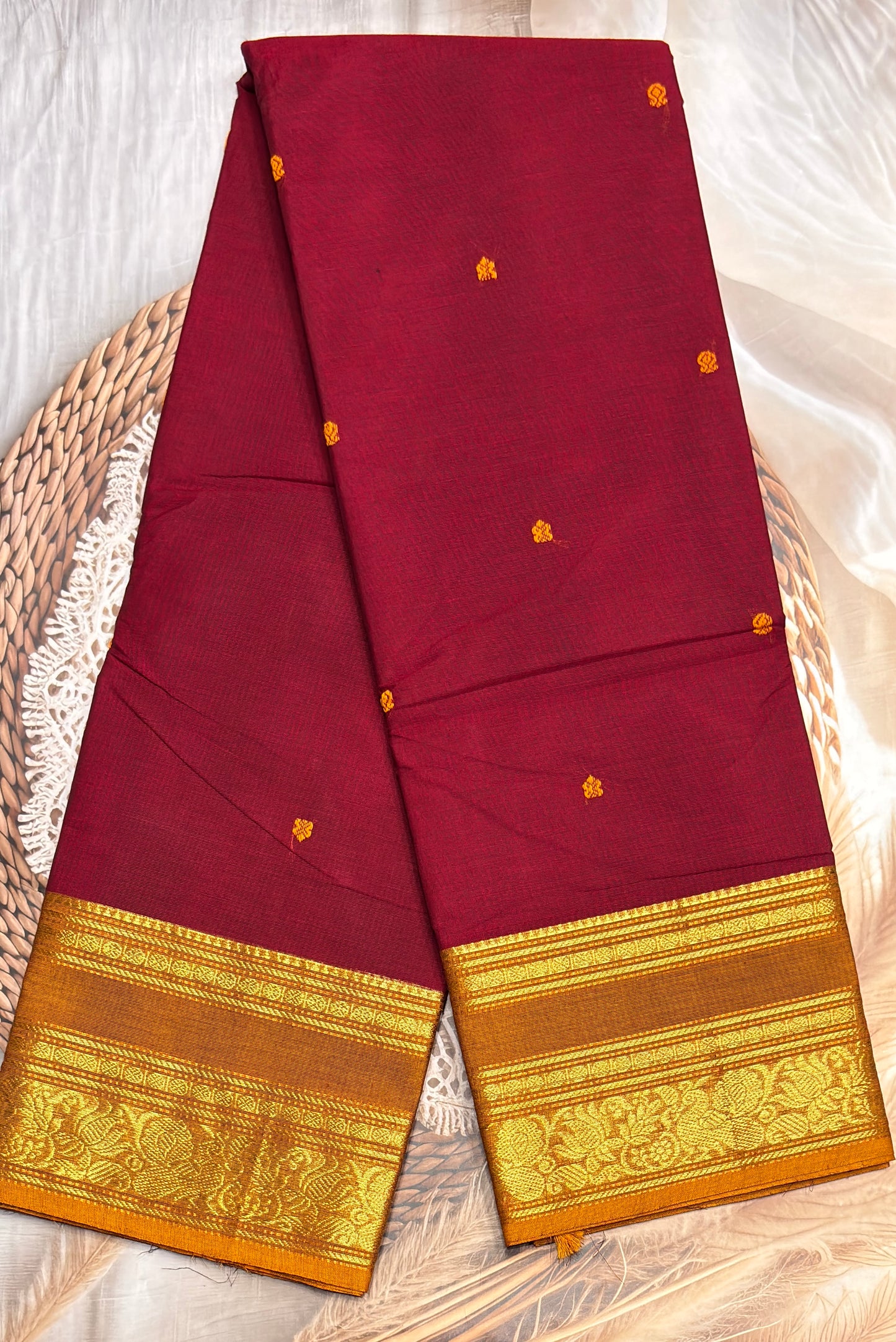 Meenakshi -Premium Kanchi Cotton Saree - Maroon with  Mustard | MCK113