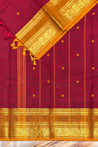 Meenakshi -Premium Kanchi Cotton Saree - Maroon with  Mustard | MCK113