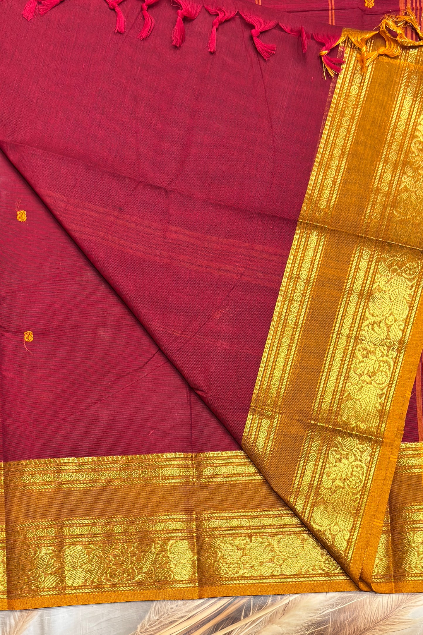 Meenakshi -Premium Kanchi Cotton Saree - Maroon with  Mustard | MCK113