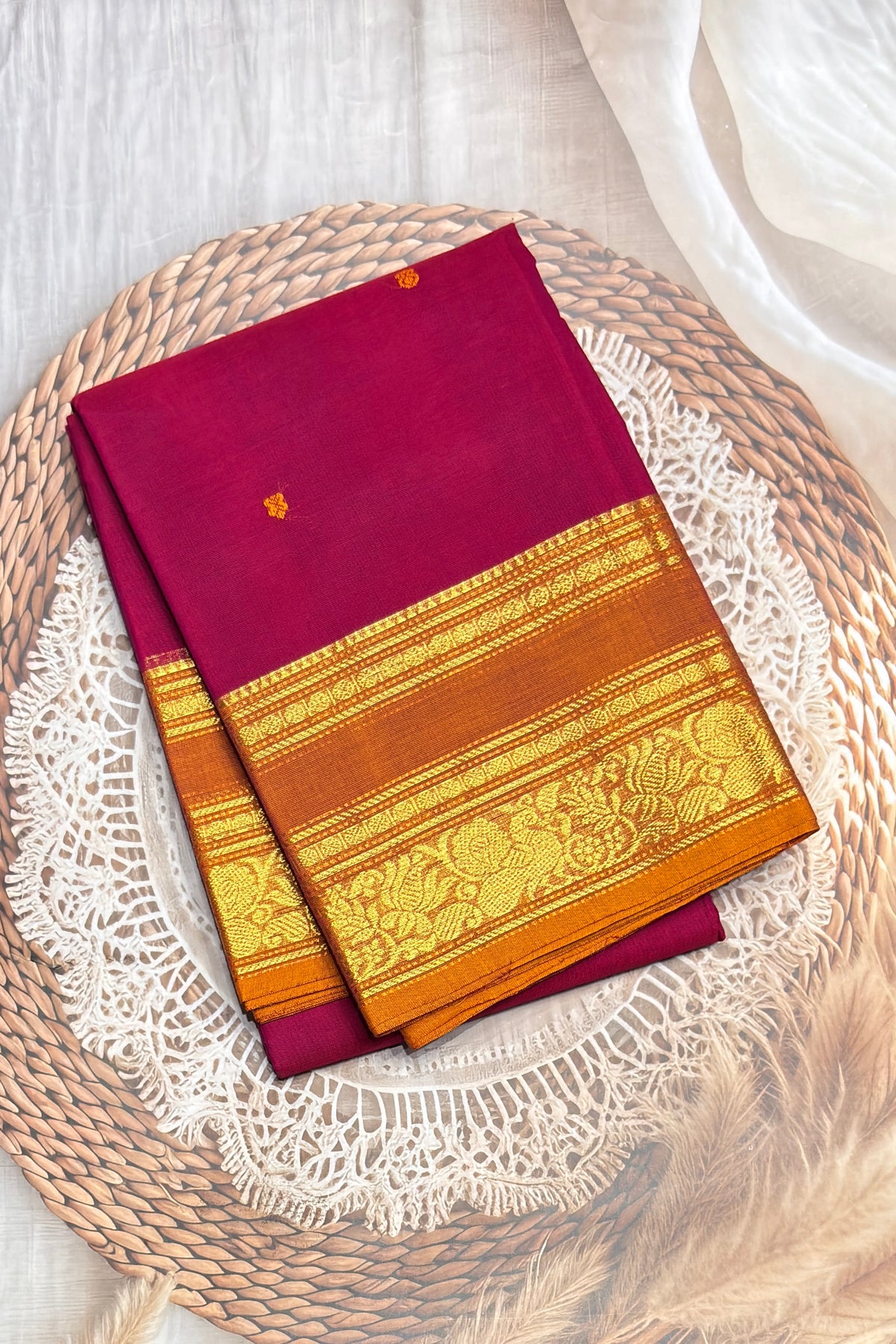 Meenakshi -Premium Kanchi Cotton Saree - Magenta with  Mustard | MCK114
