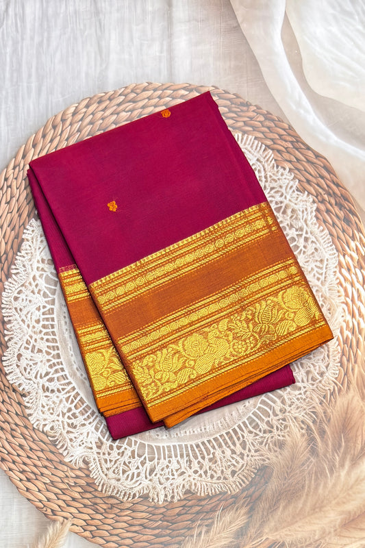 Meenakshi -Premium Kanchi Cotton Saree - Magenta with  Mustard | MCK114