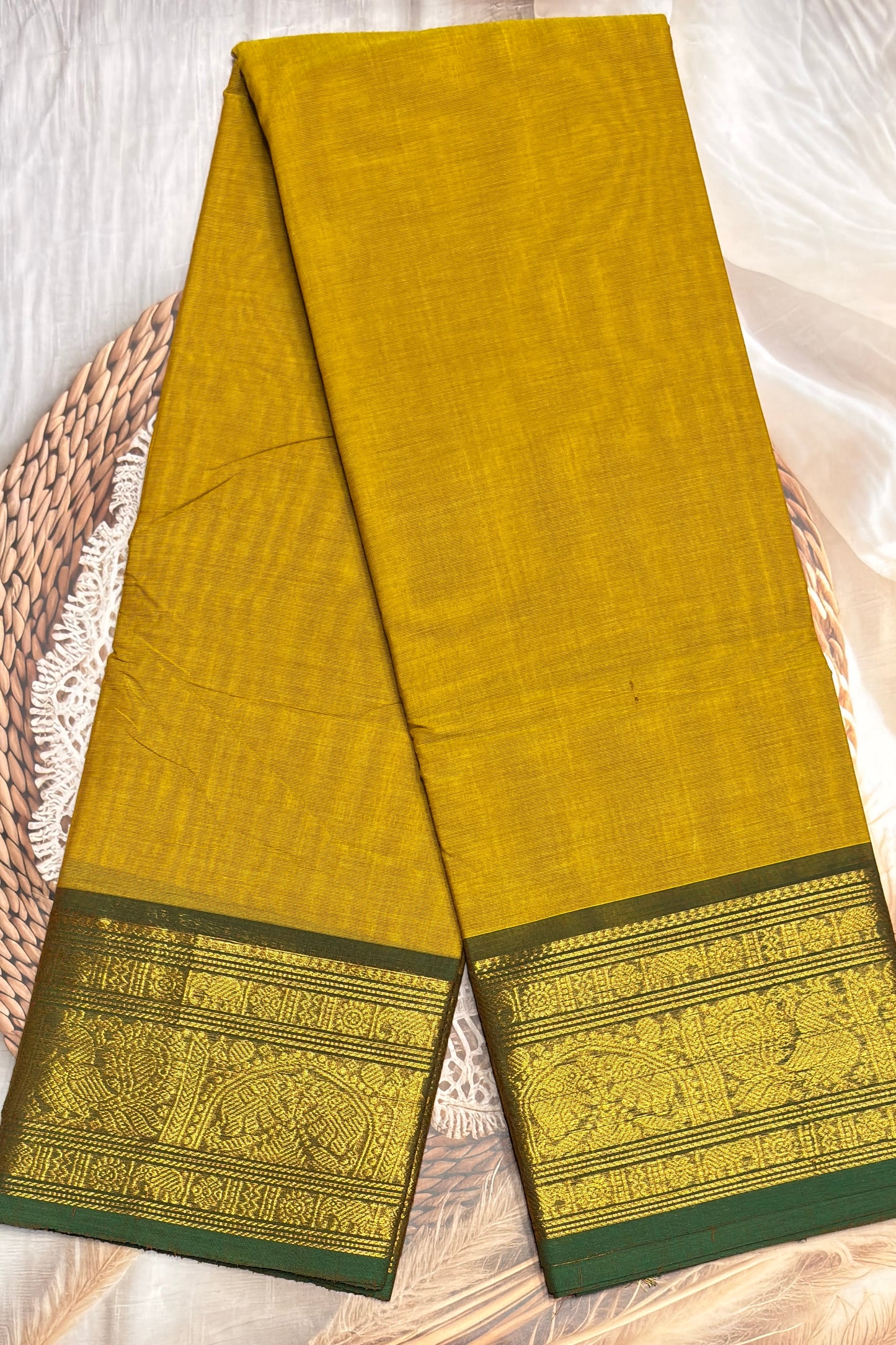 Meenakshi -Premium Kanchi Cotton Saree - Lemon Green | MCK112