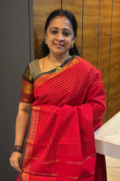 Meenakshi -Premium Kanchi Cotton Saree – Vaira Oosi | Red Green – MCK32