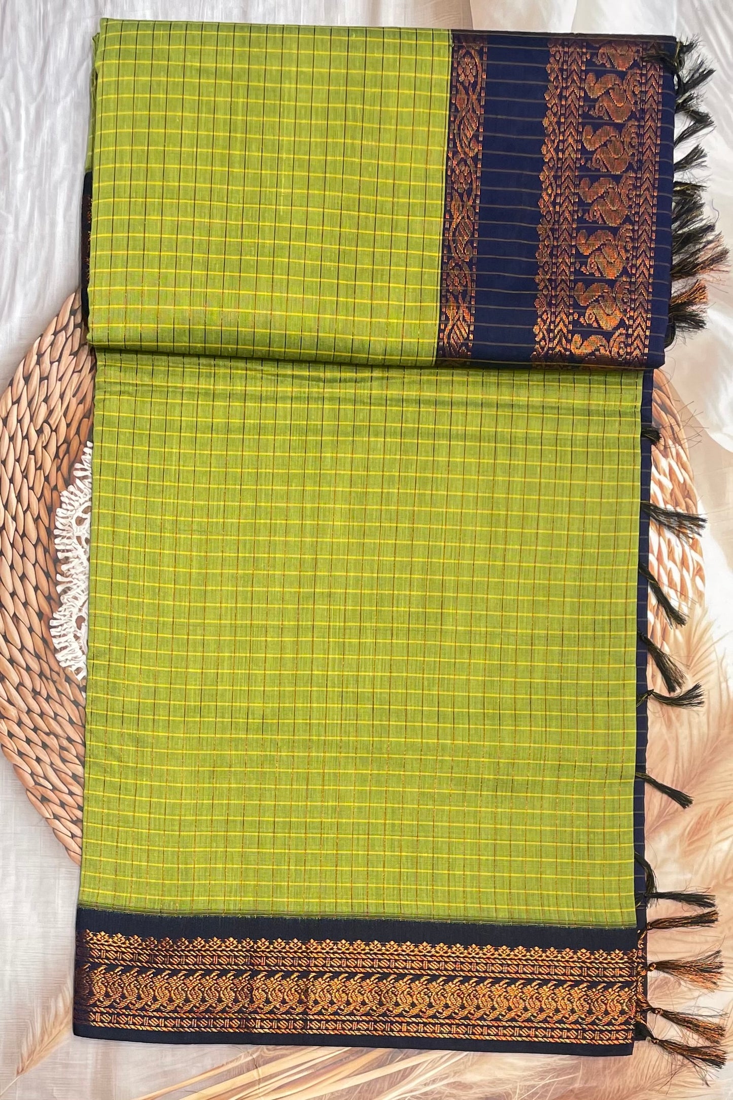 Kalyani Cotton Checks |Lemon Green with Navy | KCCH26
