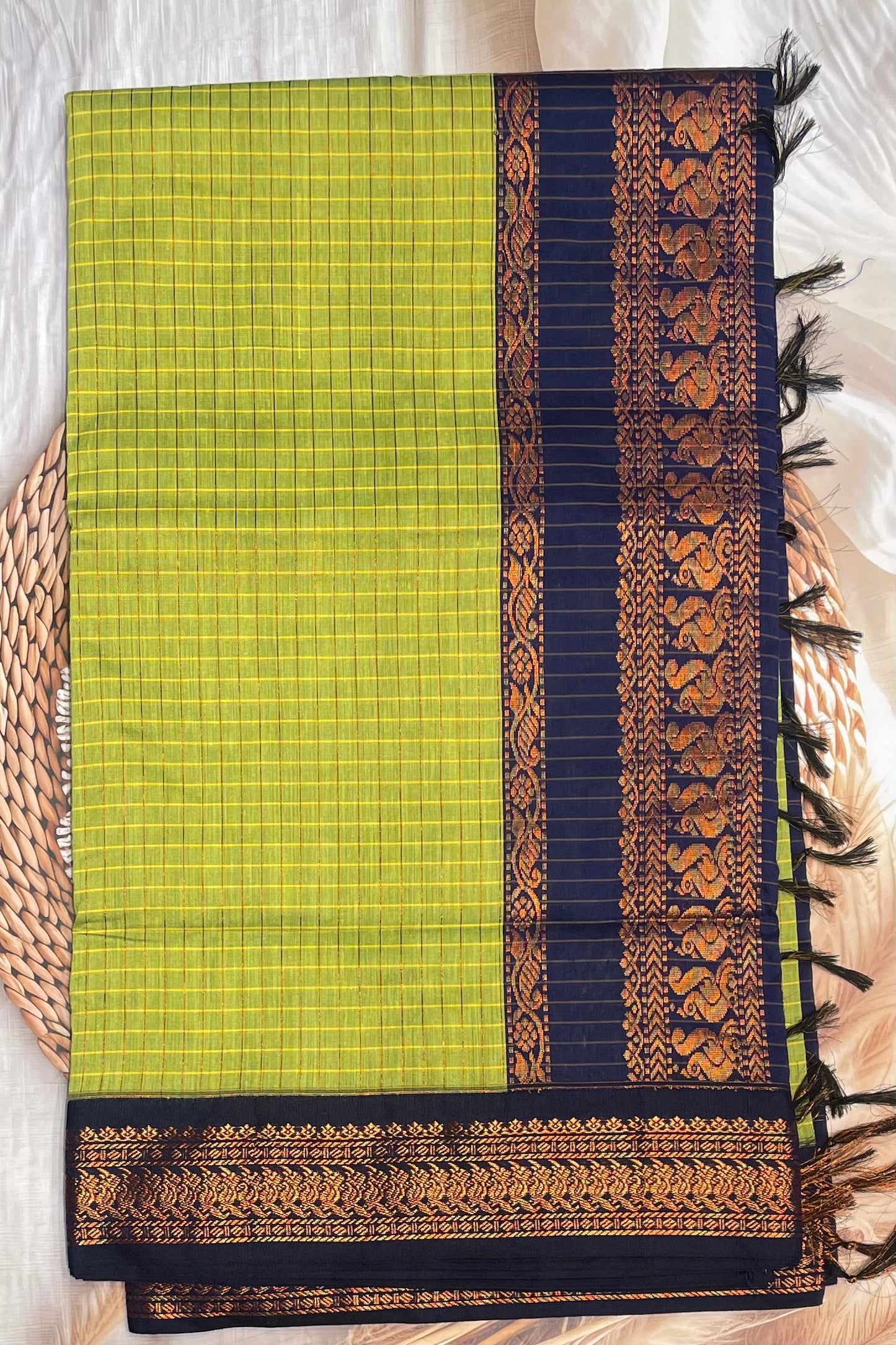 Kalyani Cotton Checks |Lemon Green with Navy | KCCH26