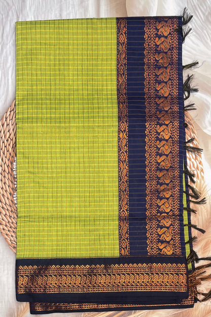 Kalyani Cotton Checks |Lemon Green with Navy | KCCH26