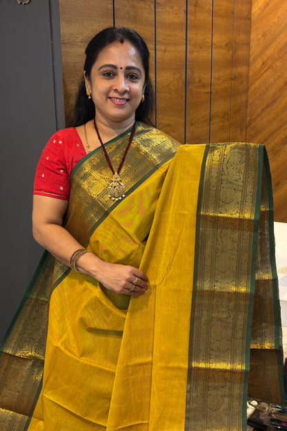 Meenakshi -Premium Kanchi Cotton Saree - Lemon Green | MCK112