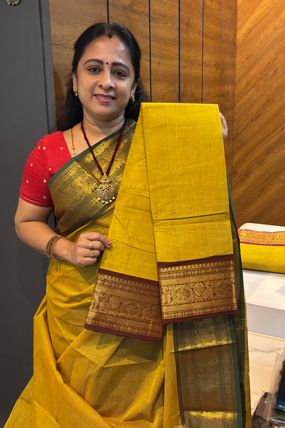 Meenakshi -Premium Kanchi Cotton Saree - Lemon Yellow with Coffee  | MCK118