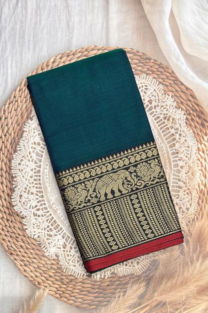 Narayanpet Cotton Saree – Elephant Thread Weave Border with Striped Pallu-MNC01 - Peacock Blue (Dual Tone)