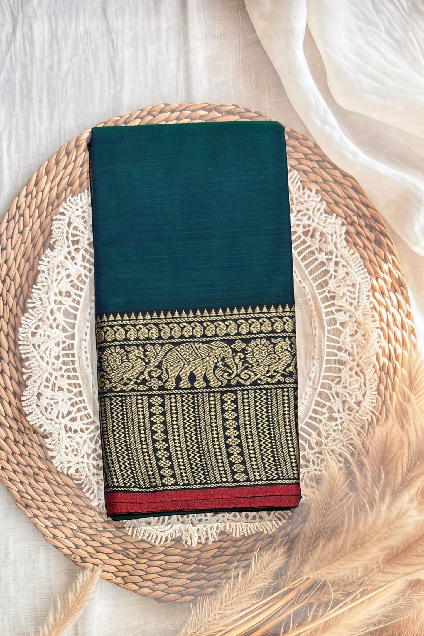 Narayanpet Cotton Saree – Elephant Thread Weave Border with Striped Pallu-MNC01 - Peacock Blue (Dual Tone)