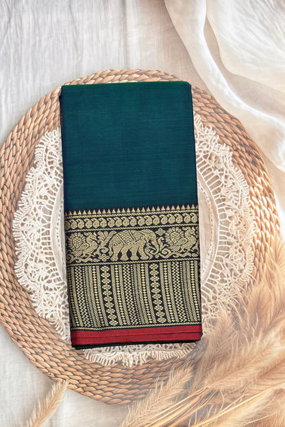 Narayanpet Cotton Saree – Elephant Thread Weave Border with Striped Pallu-MNC01 - Peacock Blue (Dual Tone)