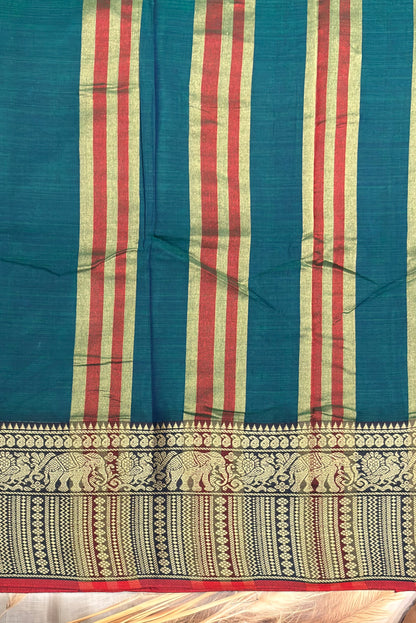 Narayanpet Cotton Saree – Elephant Thread Weave Border with Striped Pallu-MNC01 - Peacock Blue (Dual Tone)