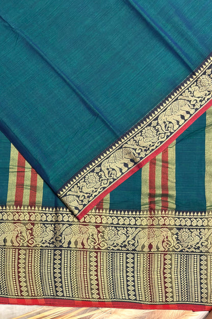 Narayanpet Cotton Saree – Elephant Thread Weave Border with Striped Pallu-MNC01 - Peacock Blue (Dual Tone)