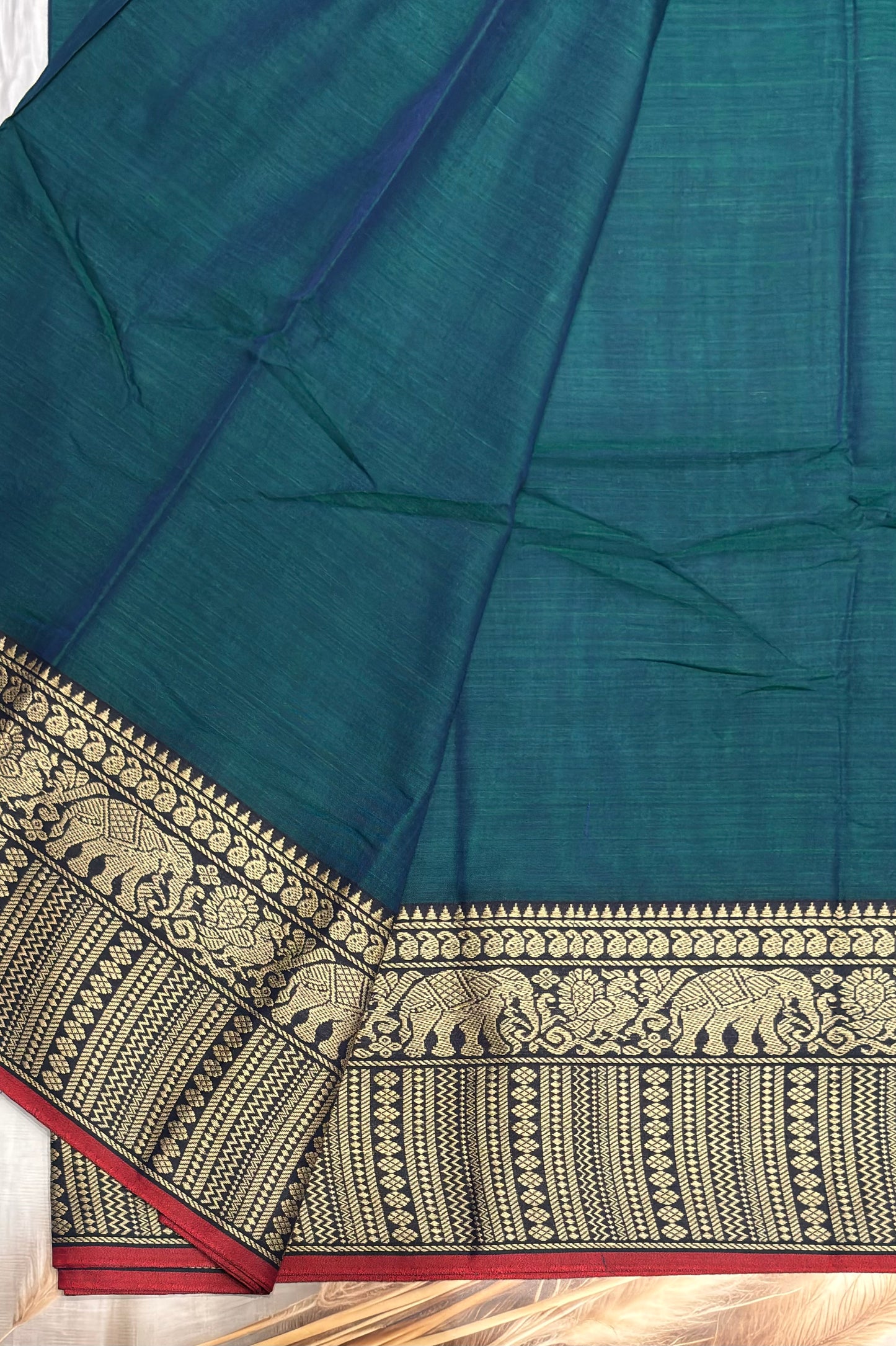 Narayanpet Cotton Saree – Elephant Thread Weave Border with Striped Pallu-MNC01 - Peacock Blue (Dual Tone)