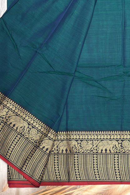 Narayanpet Cotton Saree – Elephant Thread Weave Border with Striped Pallu-MNC01 - Peacock Blue (Dual Tone)