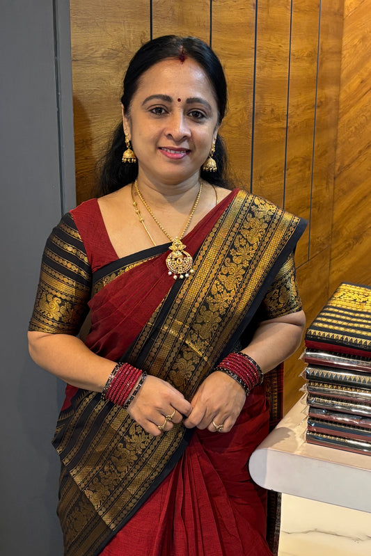 Meenakshi - Kanchi  Cotton | Maroon with Black| MCK33