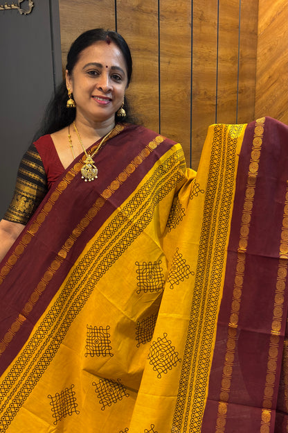 Premium Sungudi Cotton Saree – Kolam Prints- Mustard with Arakku  Contrast Rettapet Border | SC17