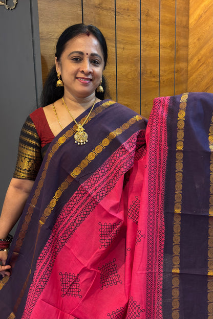 Premium Sungudi Cotton Saree – Kolam Prints- Rose with Navy  Contrast Rettapet Border | SC18