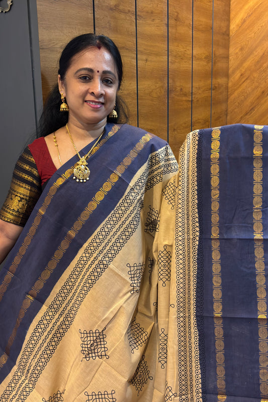 Premium Sungudi Cotton Saree – Kolam Prints- Gold with Grey  Contrast Rettapet Border | SC19