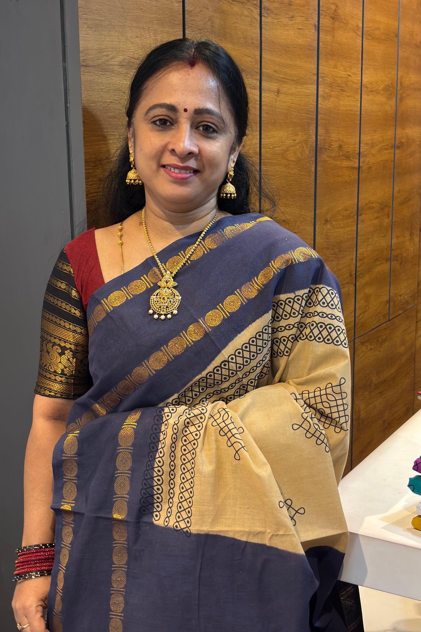 Premium Sungudi Cotton Saree – Kolam Prints- Gold with Grey  Contrast Rettapet Border | SC19