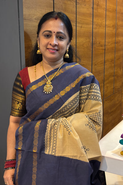 Premium Sungudi Cotton Saree – Kolam Prints- Gold with Grey  Contrast Rettapet Border | SC19